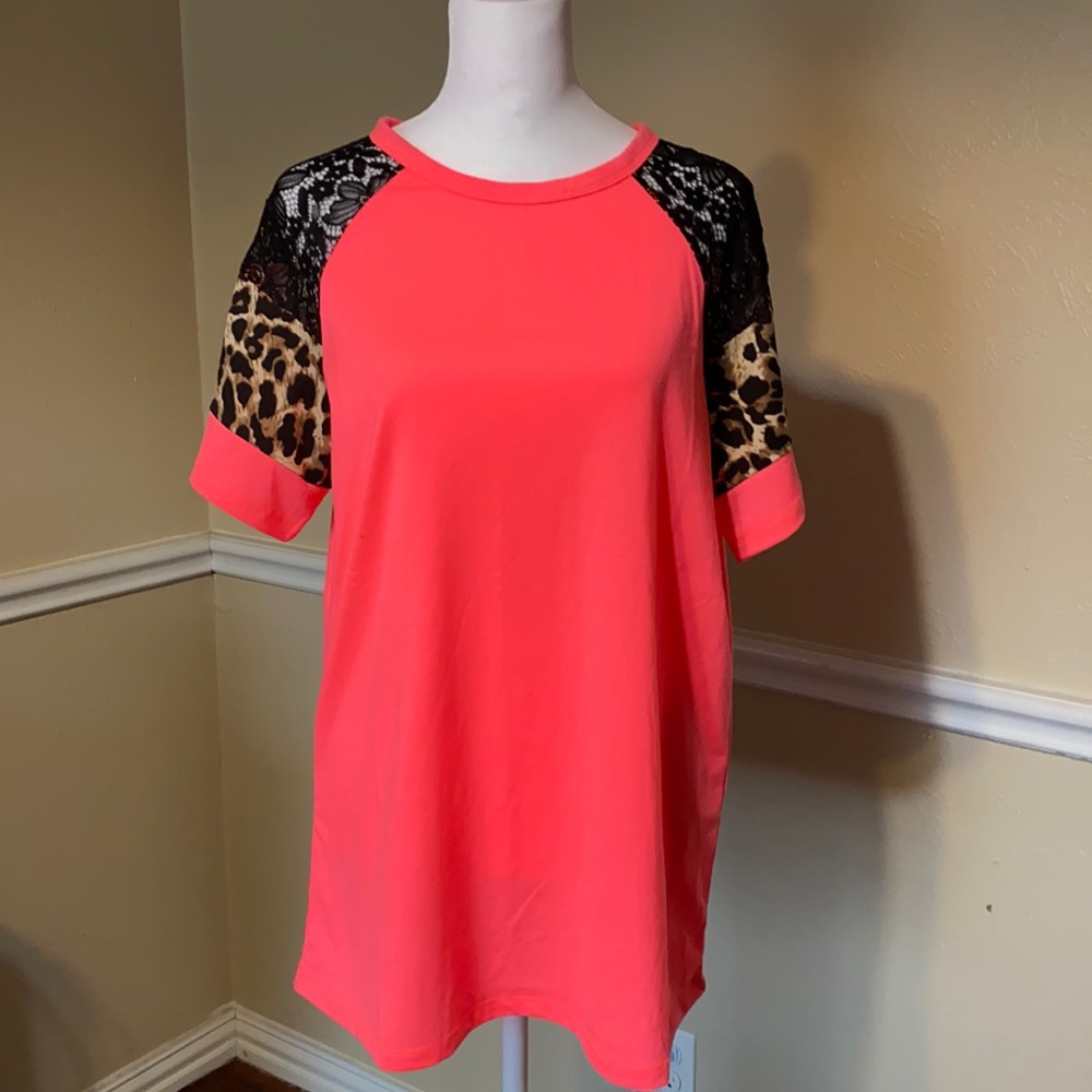 Sunshine & Rodeos Hot Pink Shirt w/Animal Print & Lace Short Sleeves
